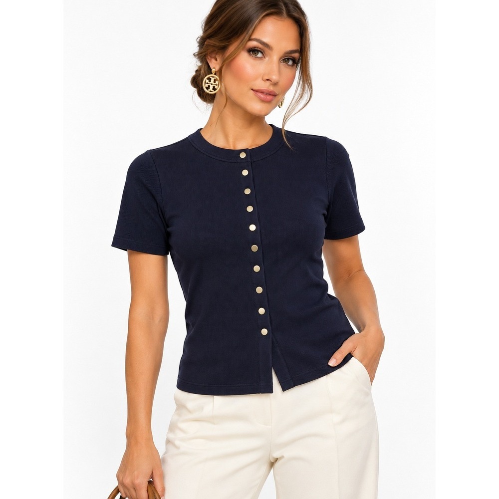 Design History Billie Short Sleeve Knit Vest Navy Blue Snap Front Ribbed Top S